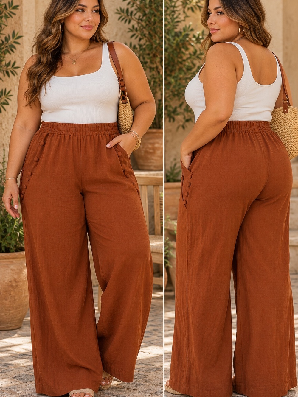 NY Collection Wide-Leg Pull-On Pants in Rust